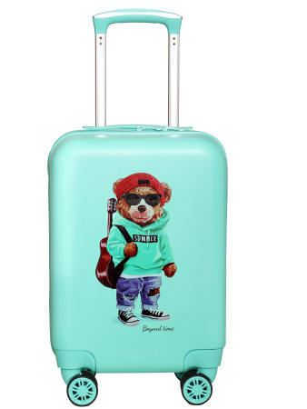 R102 зеленый чемодан детский Мишка с гитарой