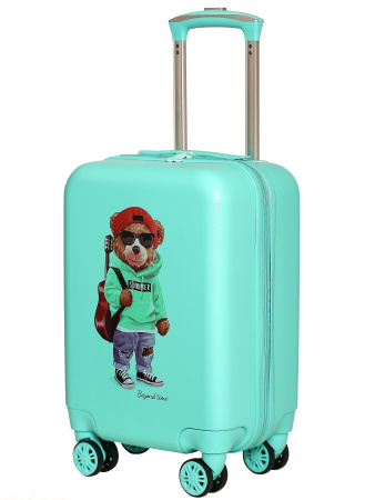 R102 зеленый чемодан детский Мишка с гитарой