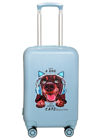 G202 голубой чемодан детский Собака черная в наушниках