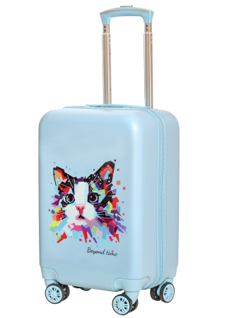 R108 голубой чемодан детский Котик в красках